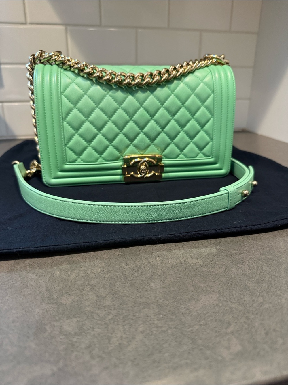 CHANEL BOY Bag Green quilted size medium calfskin GH